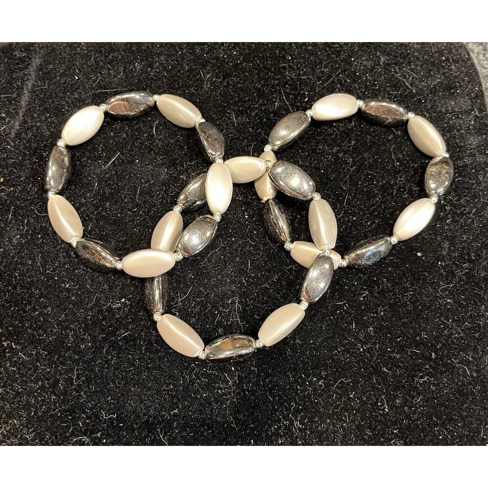 3 Black & Pearl Colored Bead 7” Stretch Bracelets with Silver Tone Spacer Beads